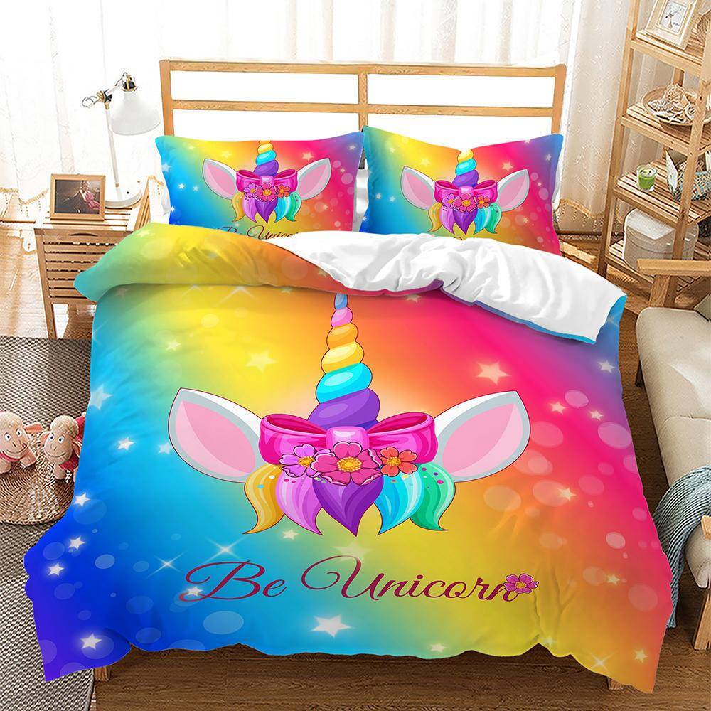 Sängklädesset med regnbågsenhörning för barn, sänglinne med tecknade djur för flickor, kawaii påslakanset, enkelsäng, enkelsäng, dubbelsäng, queen size EU Double200x200cm