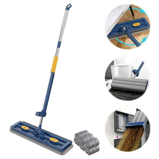 1 set moppset med 6 mikrofiberkuddar 360 graders rotation Stort platt huvud Våt och torr användning Långt handtag Avloppsskrapa Mångsidig golvrengörin