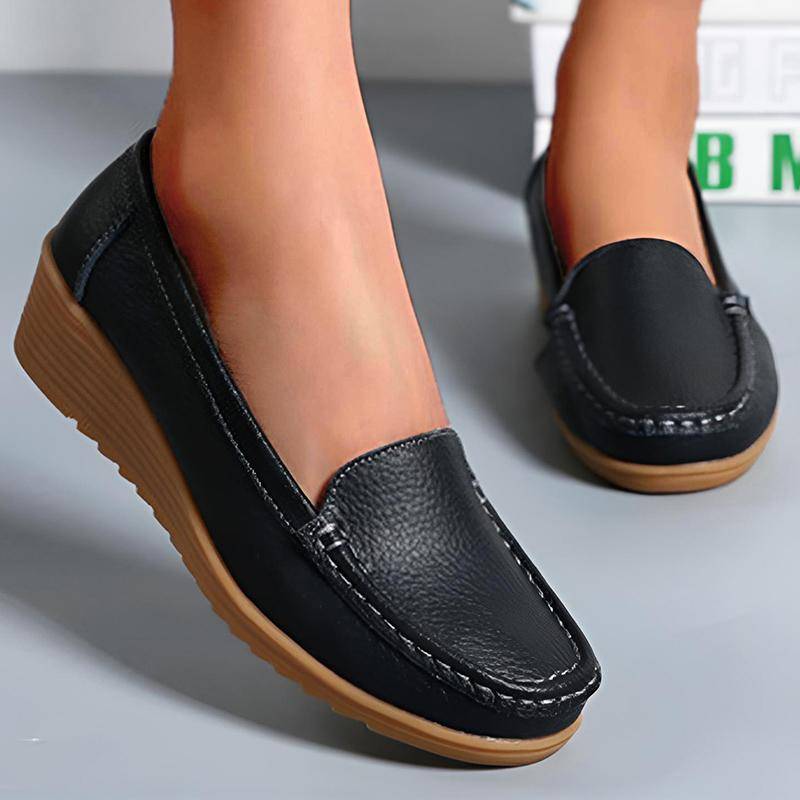 Mode Äkta Läder Dam Platta Skor Mode Kilklackar Mjuka Damskor Slip On Damskor Mockasiner Retro Plus Storlek Tenis Feminino cm svart