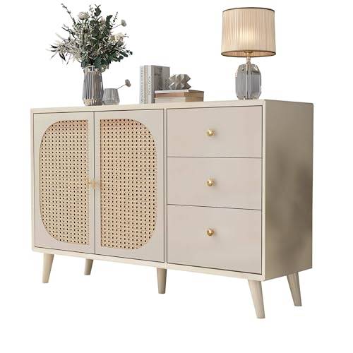 HAINEW rotting design skänk byrå med 2 rottingdörrar och 3 lådor, köksskåp förvaringsskåp med gott förvaringsutrymme för kök matsal vardagsrum, offwhite creme, 120 × 40 × 82,5 cm