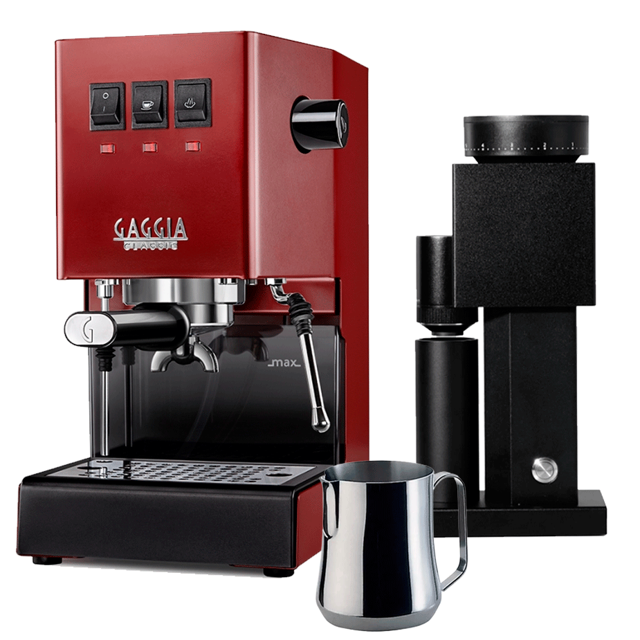 Gaggia Classic E24 Rød Espressomaskine Inkl. Timemore Bricks Kværn 01S & Motta Aurora Kande 0,35L