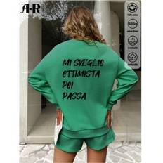 Alphabet Slogan Pattern Print, '100 % bomull dam sweatshirt fickshorts i två delar, tunna vår/sommar träningsbyxor, Casual mångsidig Holiday Street Co - Mörkgrön (L,M,S,XL)