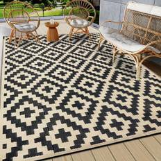 TEMU Outdoor Herringbone Pattern Rug, 100% Pp Double-sided Plastic Mat, Modern Large Floor Mat For Patio, Deck, Backyard, Camping, Beach - Black & Beige, Hand Wash Only, Deck Rugs And Mattress Pads