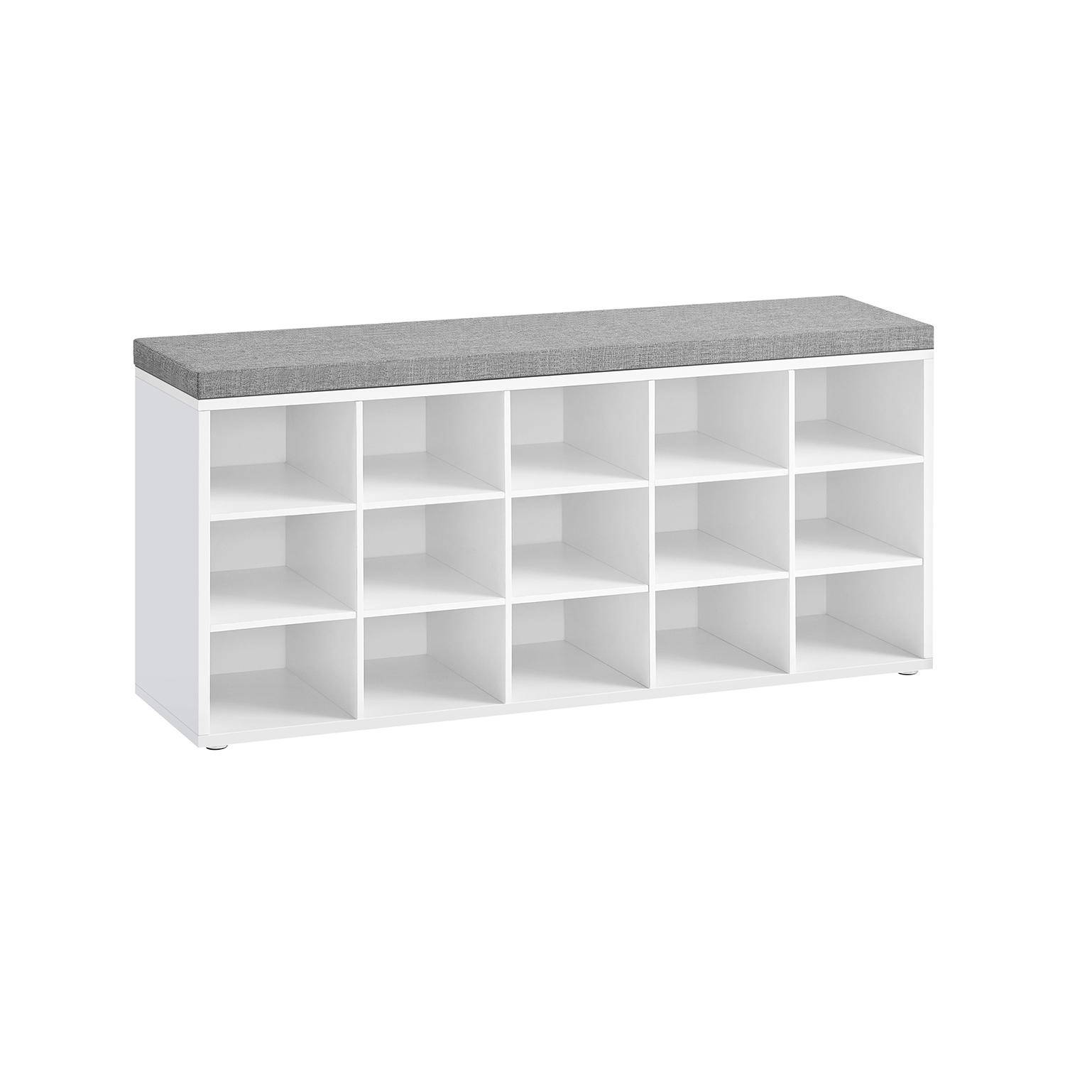 VASAGLE LHS15WT Shoe Bench Bench Shoe Rack with Seat with Cushion and 15 Compartments Storage Rack for Hallway Holds up to 200 kg White Grey