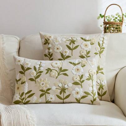 1 st. beige kuddfodral med broderad vårblomma, vår/sommar kuddfodral med fjärilar och vildblommor, lämplig för inomhusdekoration, kuddfodral året runt (45*45,30*50)