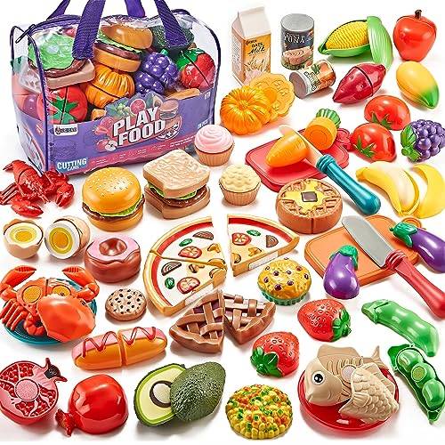 Laugigle Pretend Play Food für Kinder Küche, 78-teiliges Spielfutter-Set für Kinderküche mit Lagerung Tasche, gefälschte Lebensmittel mit Pizza Spielzeug, kinderküche zubehör, Jungen Mädchen Geschenk