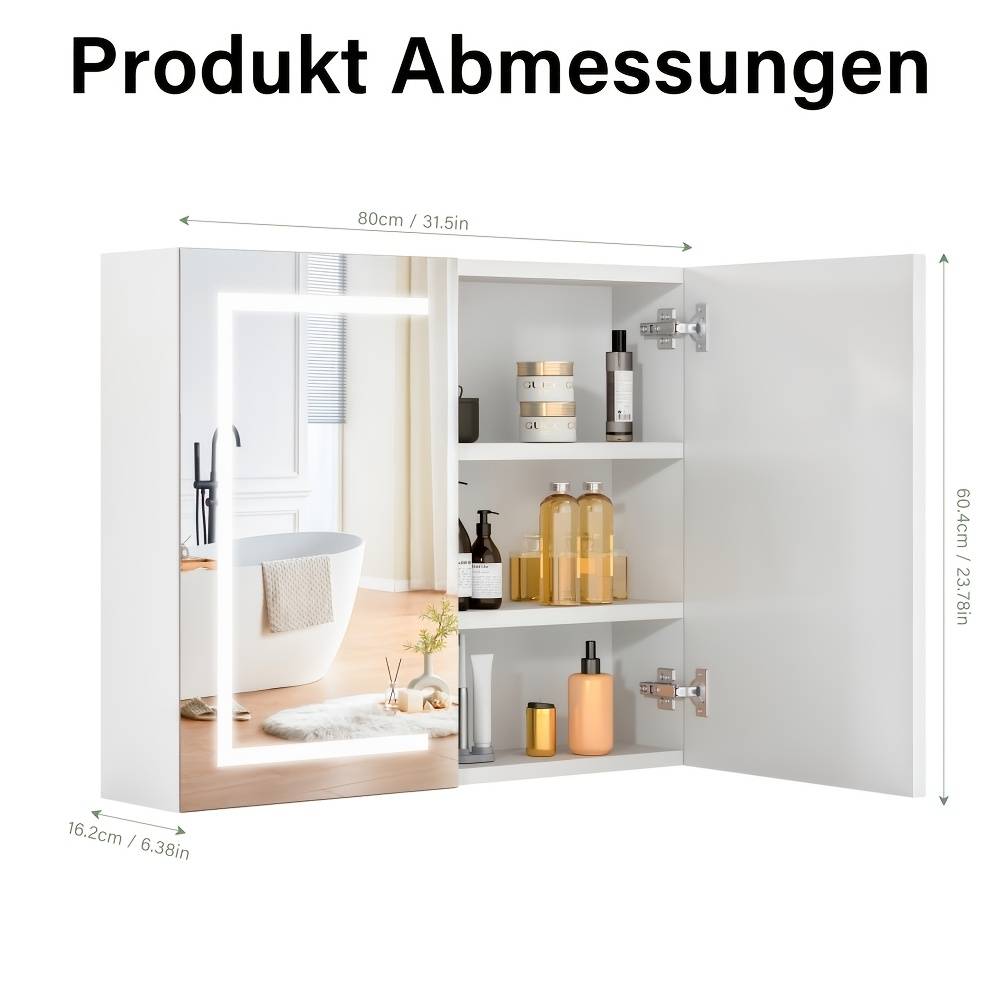 Bathroom Cabinet With Mirror And Led Lights, Wall Mount Bathroom Mirror With Storage Dimmable 3 Color Temp, Mirror Cabinet, , Adjustable Partition, Wall-mounted Storage Cabinet, 80*16.2*60.4cm