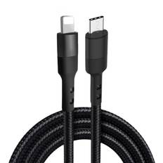 Flettet USB-C til Lightning-kabel. 9V, 20W hurtig opladning. Sort. 2 m.