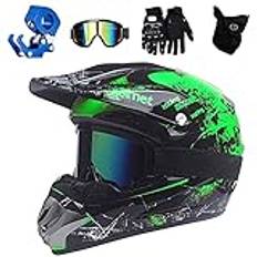 VOMI Mountainbike crosshjälm barnhjälm grön med glasögon mask handskar hjälmkrok, motocrosshjälm för motorcykel Enduro Downhill, unisex ungdomshjälm, S (52–53 cm)