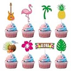 Cake Topper Summer Theme, 24 st tropisk Hawaii Cupcake Topper Flamingo Ananas Palmblad Kokosnöt Cupcake Toppers Luau Sommarpoolparty dekorationer