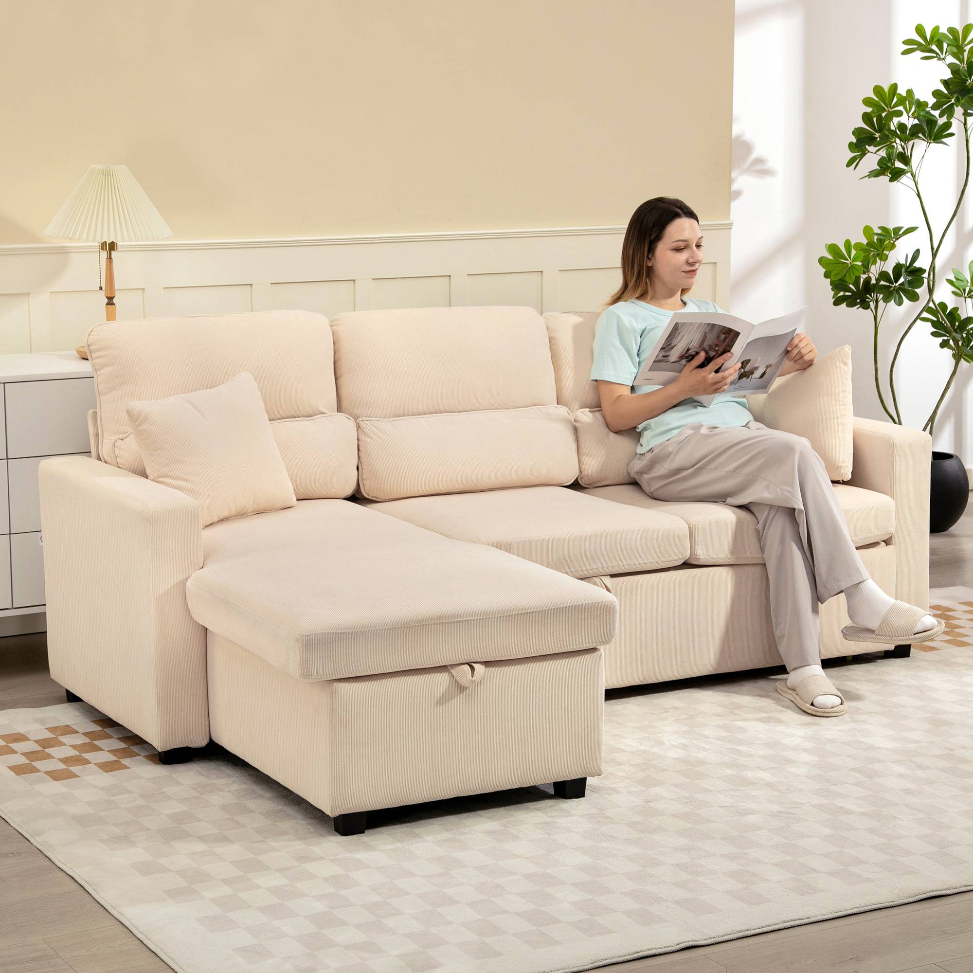 Justerbar sovesofa, L-formet gæstesofa med opbevaring, hynder, til stue, gæsteværelse, beige.