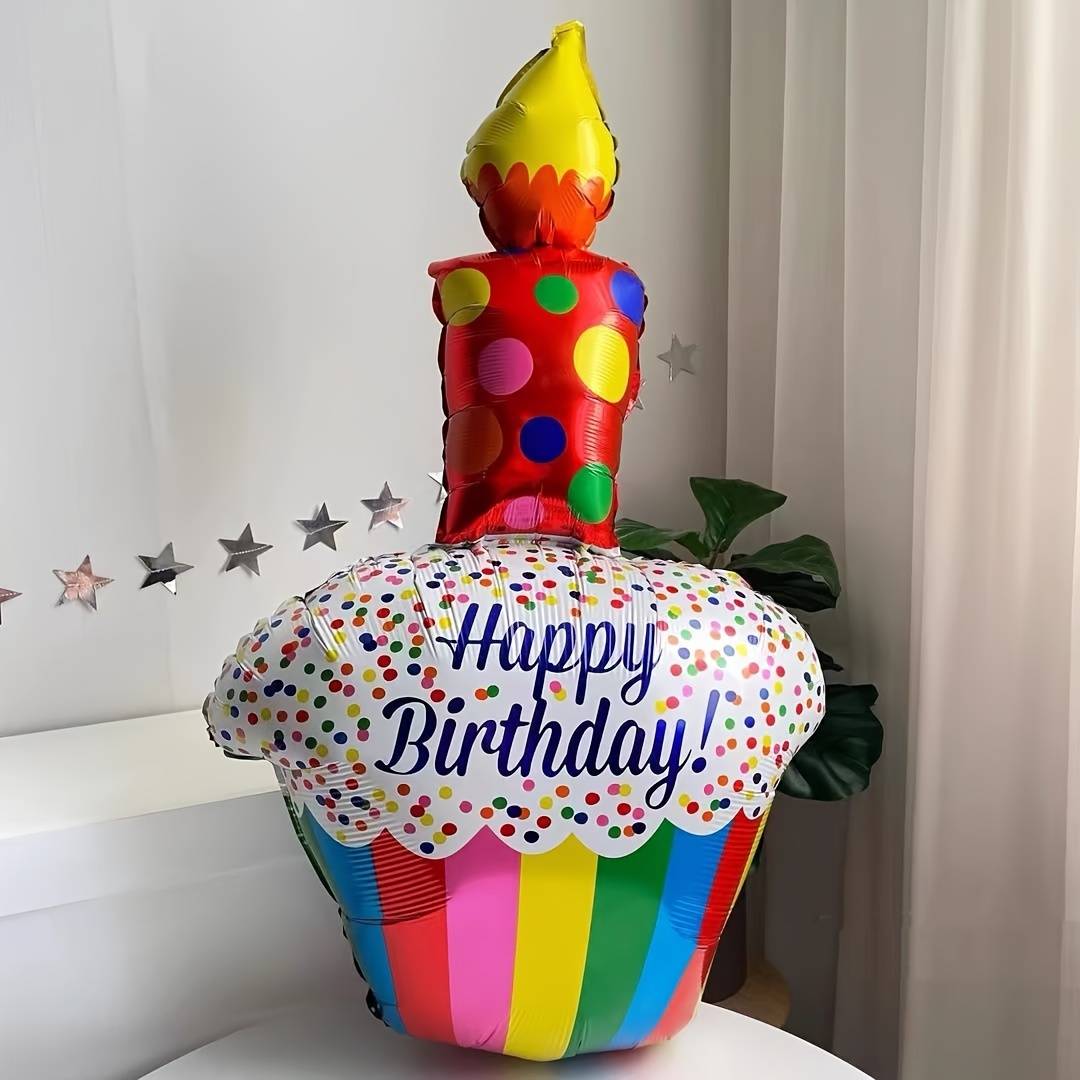 TEMU Large Colorful Striped Birthday Cake-shaped Foil Balloon - Perfect For Party Decorations & Photo Props, No Power Needed, Halloween Decorations, Christmas Decorations