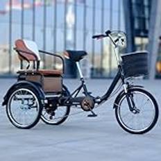 Fällbar trehjuling rickshaw, 6 hastigheter variabel hastighet hybrid trehjuling, cruiser trehjuling för äldre vuxna, baksäte med bälte, 3 hjul cykel, hydraulisk framgaffel, tandem trike