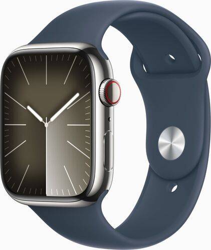 Apple Watch Series 9 Rostfritt stål 45 mm (2023) | GPS + Cellular | silver | Sportband stormblå M/L