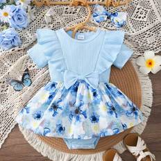 Dagligt slitage Casual Söt söt stil rund hals stickad keps ärm Axel Keps ärm Baby Girl Body + dekorativ hårslips - Blå (6-9M,9-12M,12-18M,1-3M,3-6M)
