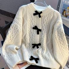 TEMU Chic Cable Knit Cardigan With Bow Detail - , Long Sleeve, Round Neck - Machine Washable Polyester - Fall & Winter, For Autumn, Spring