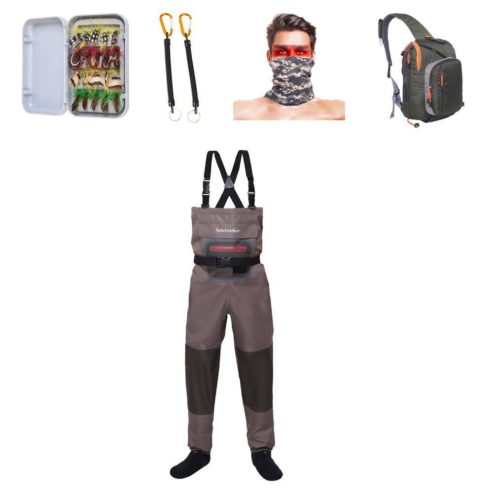 Kylebooker Fiskeredskap Combo Full Kit Bröstvadare, Sling Pack, Flugor, Safty Rope, Fishing Scarf khaki