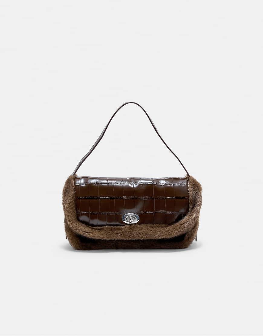 Stradivarius kombineret skuldertaske i imiteret krokodilleskind og imiteret pels, brun - M