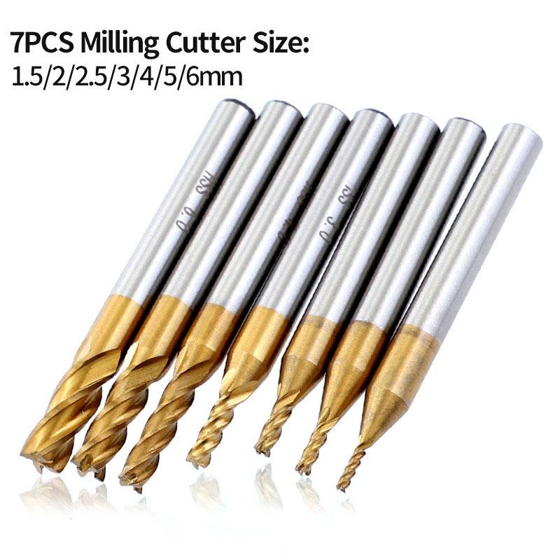 TEMU 7pcs 4 Flutes Straight End Mill Set 1.5-6mm Hss Titanium Coated Cnc Router Bit For Wood Steel Aluminum Milling Cutting