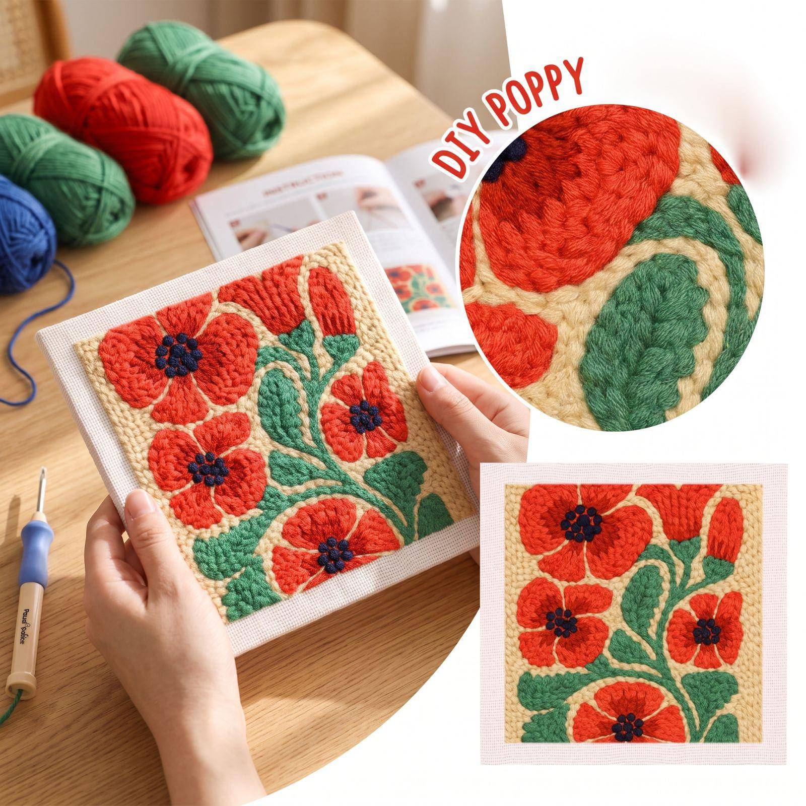Punch Needle Broderikit, Fyrkantigt Garn DIY-set för Handarbete - 99- röd