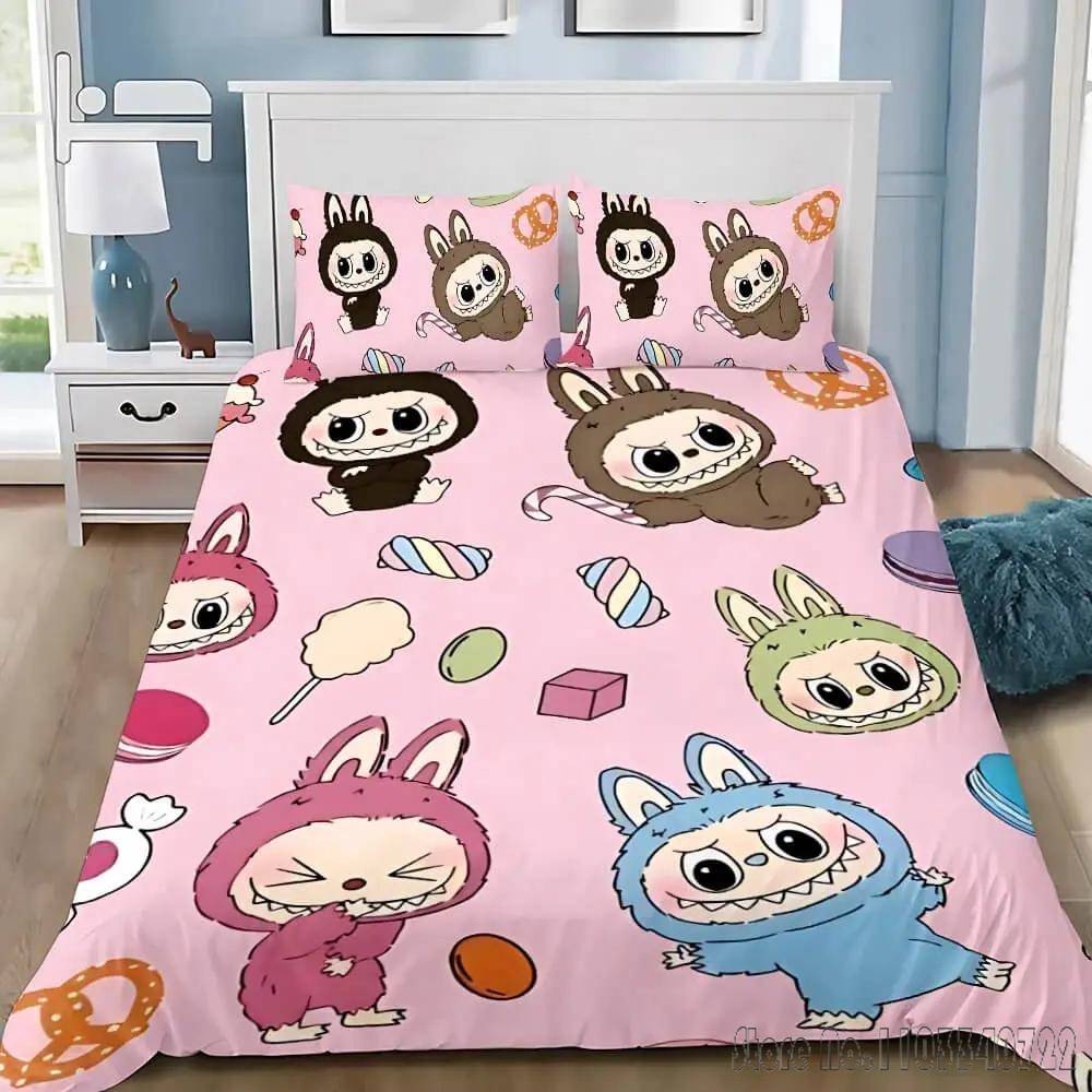 Söta Tänder Ny Anime La-BuBu Rosa Påslakanset HD Täcke Örngott för Barn Sängkläder Sängkläder Sovrumsinredning US Queen 229x229cm