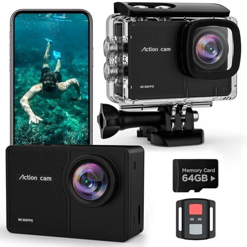 TIMNUT 4K60fps actionkamera med 64GB SD-kort, 48MP HD WiFi-kamera med EIS och 40m undervattnskamera, vidvinkel sportkamera med 2x1350mAh batterier och hjälmmontering