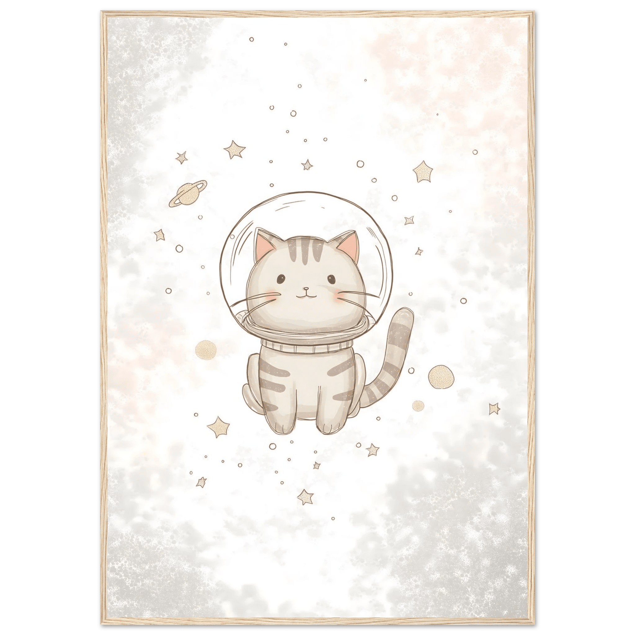 Katt i rymden poster-70x100 cm / 28x40″ / Med ram / Ljust trä