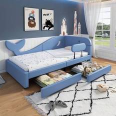 Barnsäng, klädd säng, dagbädd, valformad design, bäddsoffa med metallsängram, utan madrass, 2 lådor på hjul, PU+MDF+plywood, blå, 90x200cm
