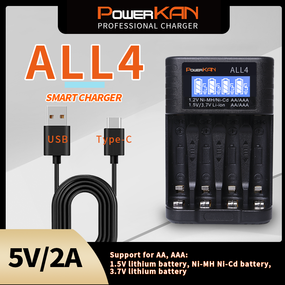 POWERKAN ALL4 AA/AAA 4-slot Small Convenient Battery Charger for 1.2V Hi-MH& 1.5V/3.7VLi-ion With LCD Screen