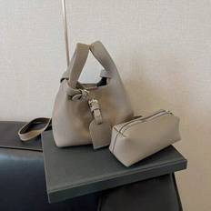 Vårnyhet Enfärgad PU Mini Grönsakskorg Handväska Vintage mångsidig mjuk läder Bucket Bag Mode Mamma-Barn Axelväska - Grå