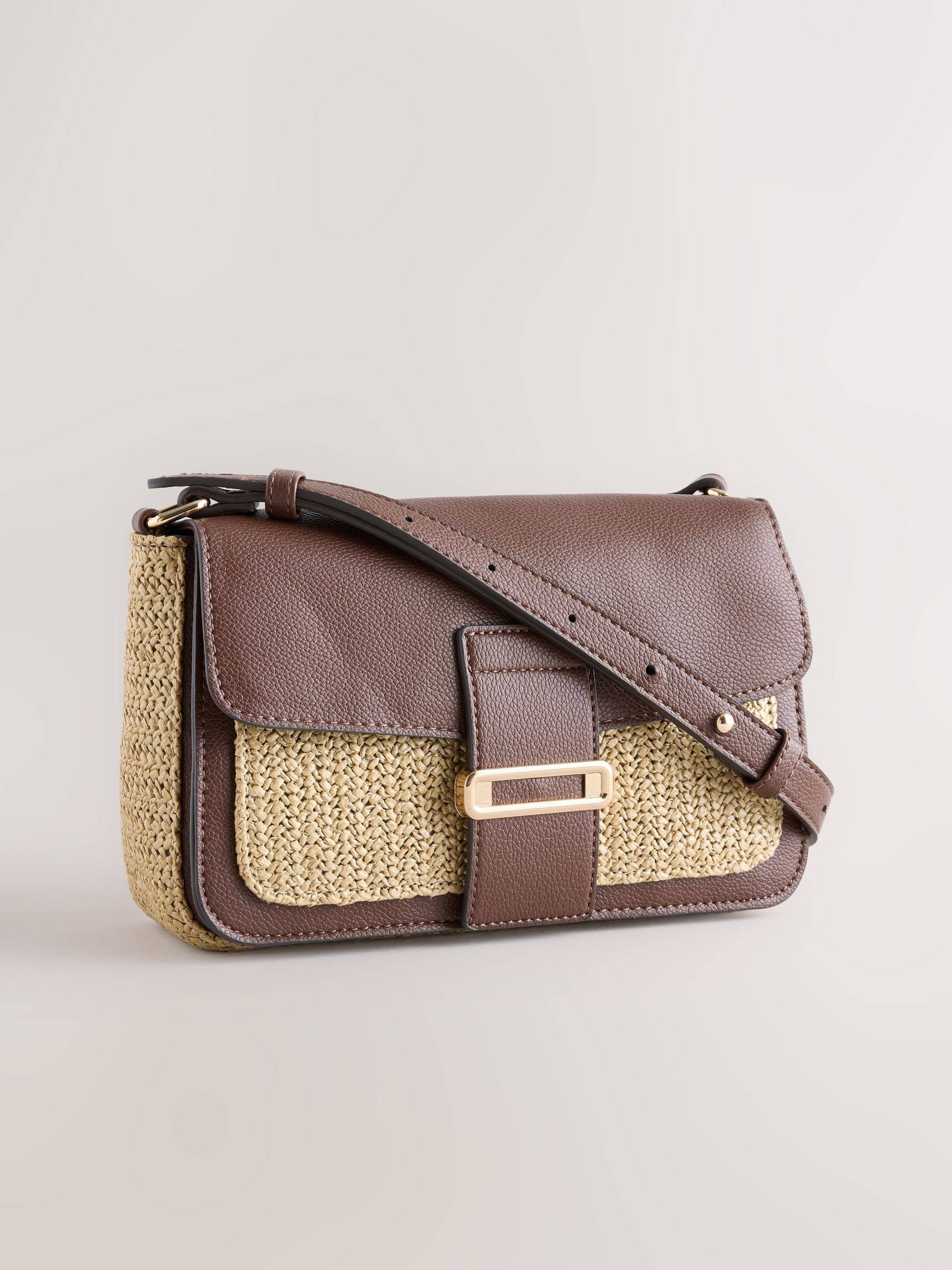 Next Chocolate Brown Raffia Effect Hardware Cross-Body Bag
