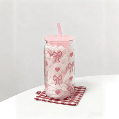 1 st rosa plastmugg med rosett, kaffekopp med sugrör, jul- och festgåva, med lock och sugrör, perfekt för iskaffe, bärbara drycker, juice och smoothie - Multifärgad (1 styck - Rosa (kopp + lock + sugrör),1 styck - Blå (kopp + lock + sugrör),1 st - Glasborste)