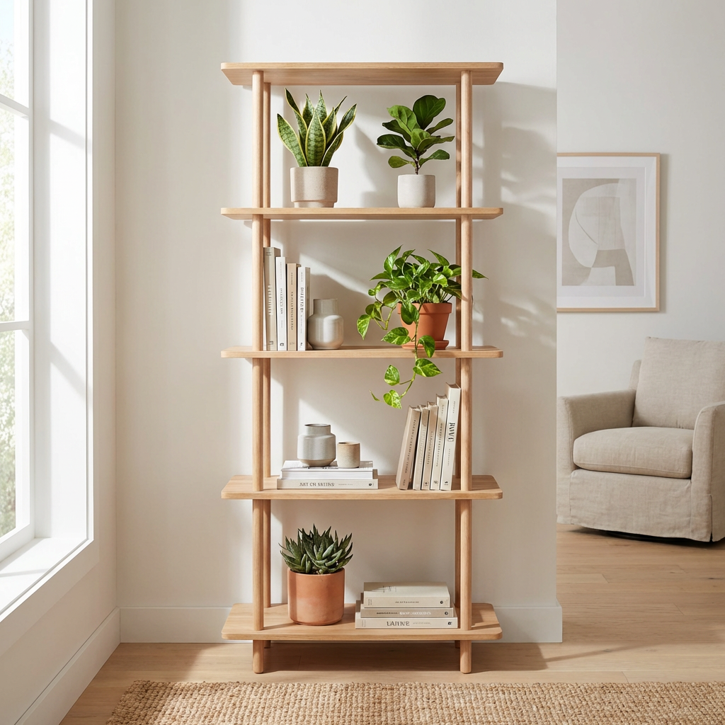 Loop - Reol med fem hylder i massiv eg og bredde 70 cm Lakeret