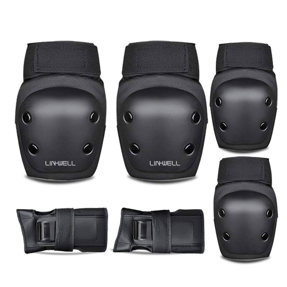 Skyddsset för skateboard och knäskydd för barn, inklusive förvaringspåse, 6 delar: handled, armbåge, vuxna, (Liten Storlek 120cm-150cm (Barn-Damer)) svart