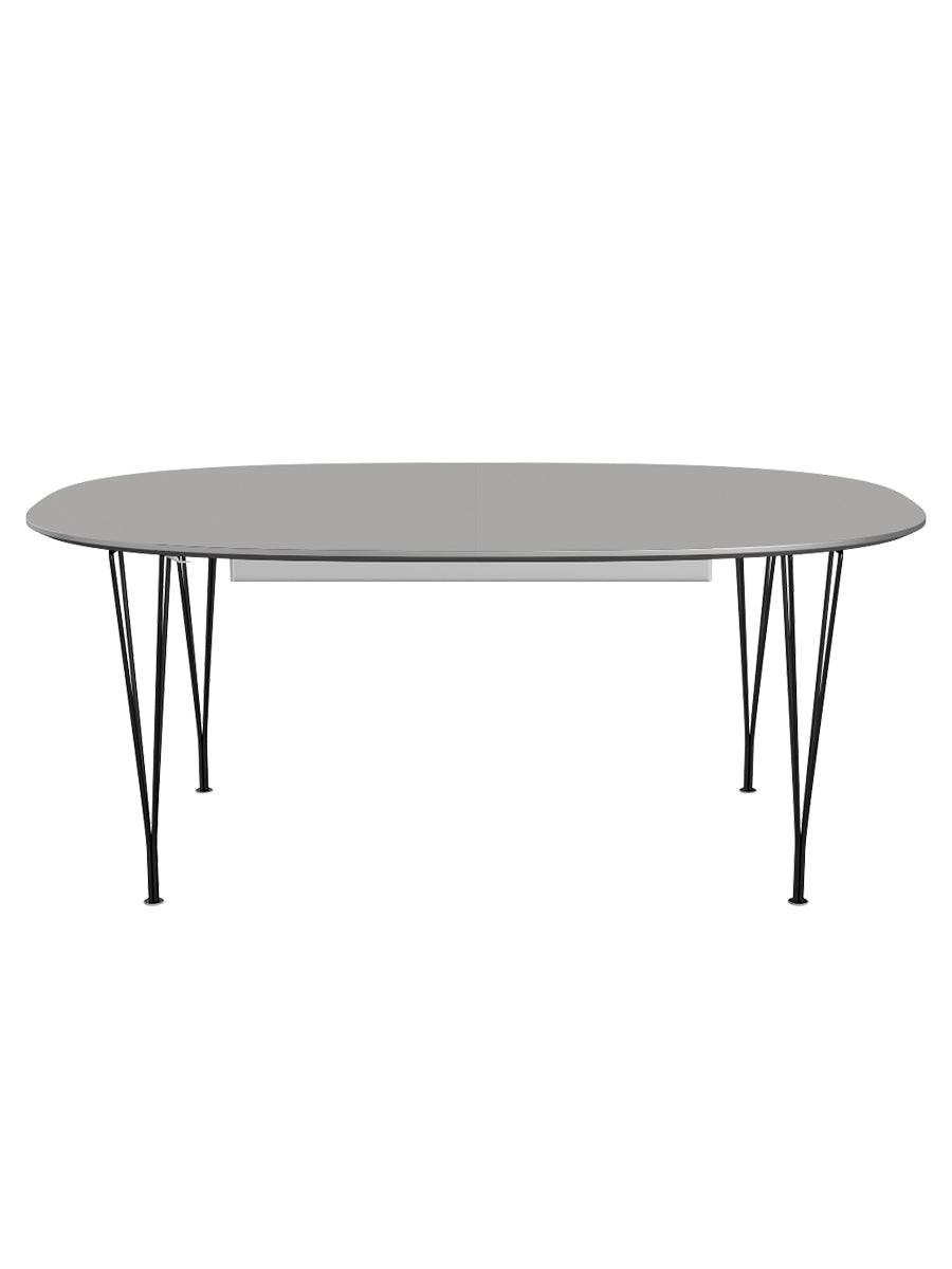 Piet Hein B619 Superellipse udtræksbord, 180/300 x 120 cm fra Fritz Hansen Grey Efeso m. alukant - Sort stel - Jacobsen Plus