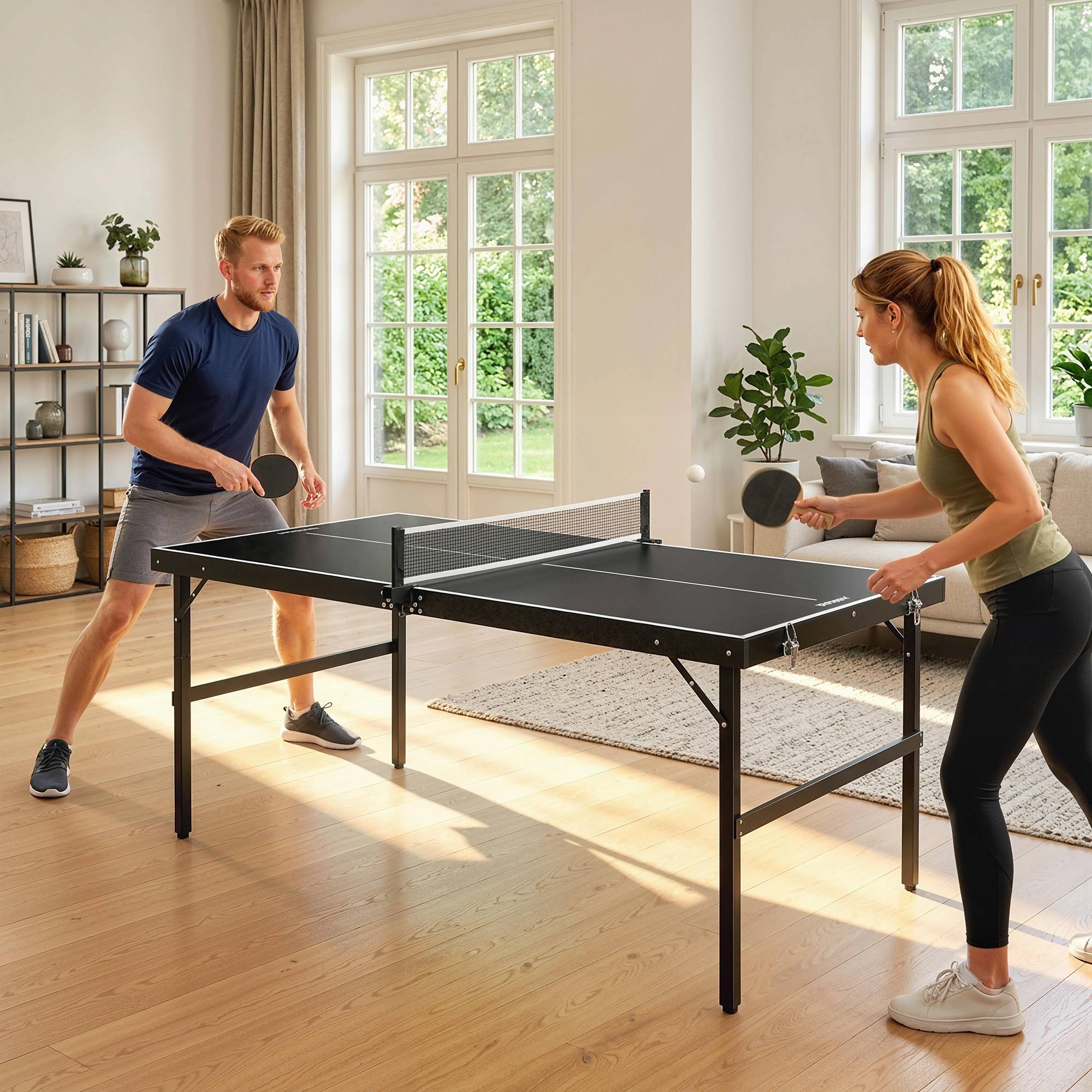 Mini Bordtennisbord, Sammenklappeligt Tennisbord med Net og Håndtag, Indendørs Spilsæt til Hjemmet, Aluminium Sort.