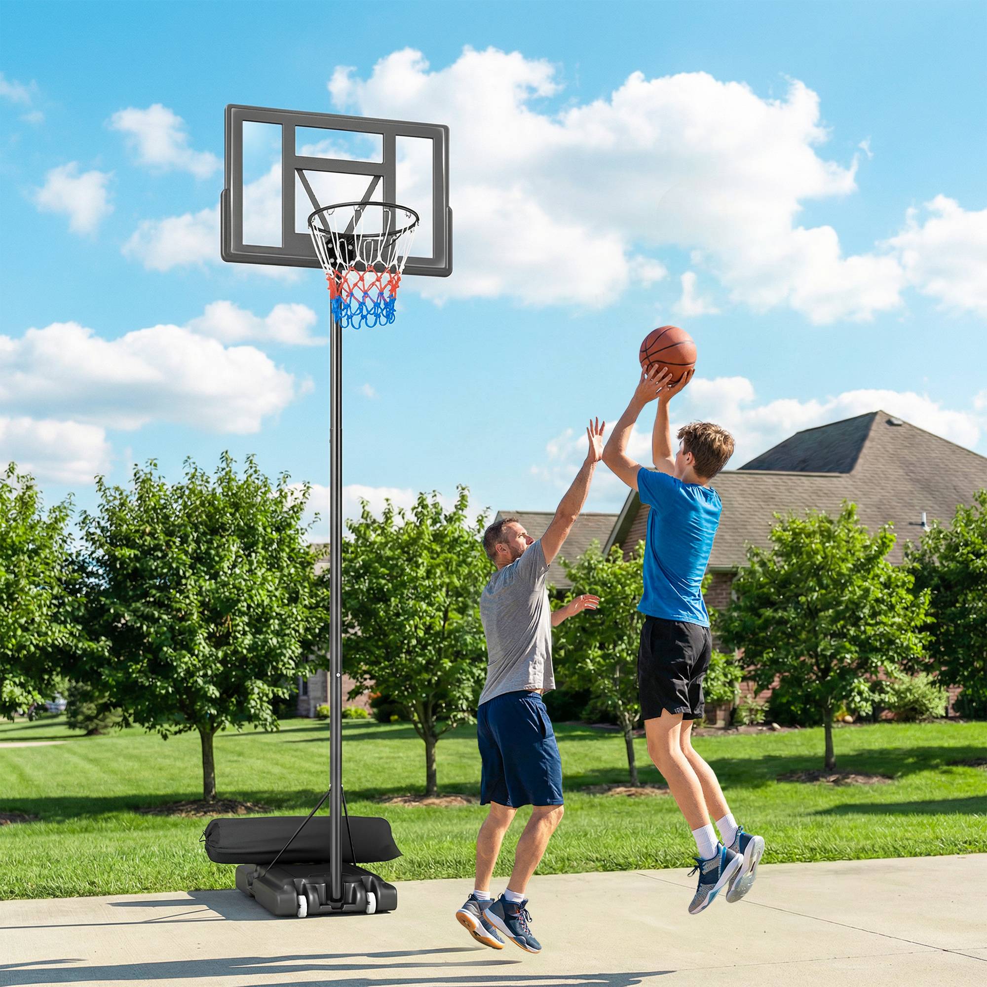 Udendørs basketballkurv 135-305 cm, hurtigt højdejusterbar, basketballstativ med 110x70 cm brudsikkert bagpanel, 2 hjul.