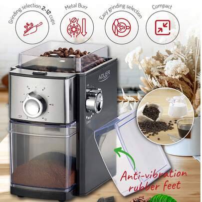 ADLER AD 4448 kaffekvarn med burr-funktion 300W, elektrisk kaffekvarn med metallkvarnar, justerbar malningsgrad från fin till grov, behållare för 250