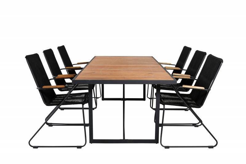 Khung have spisebord 200x100cm + 6 spisebordsstole med armlæn sort