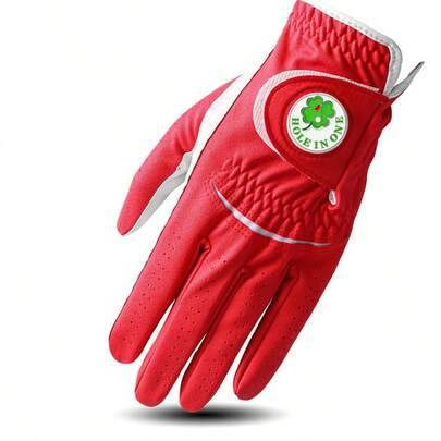 FINGER TEN röd golfhandske för herrar med stilfull bollmarkör, vänster hand, 1-pack, premium PU-läder med andningsbart och slitstarkt grepp för stabil (Vänster ML,Vänster hand S,Vänster hand L,Vänster XL,Vänster hand M)