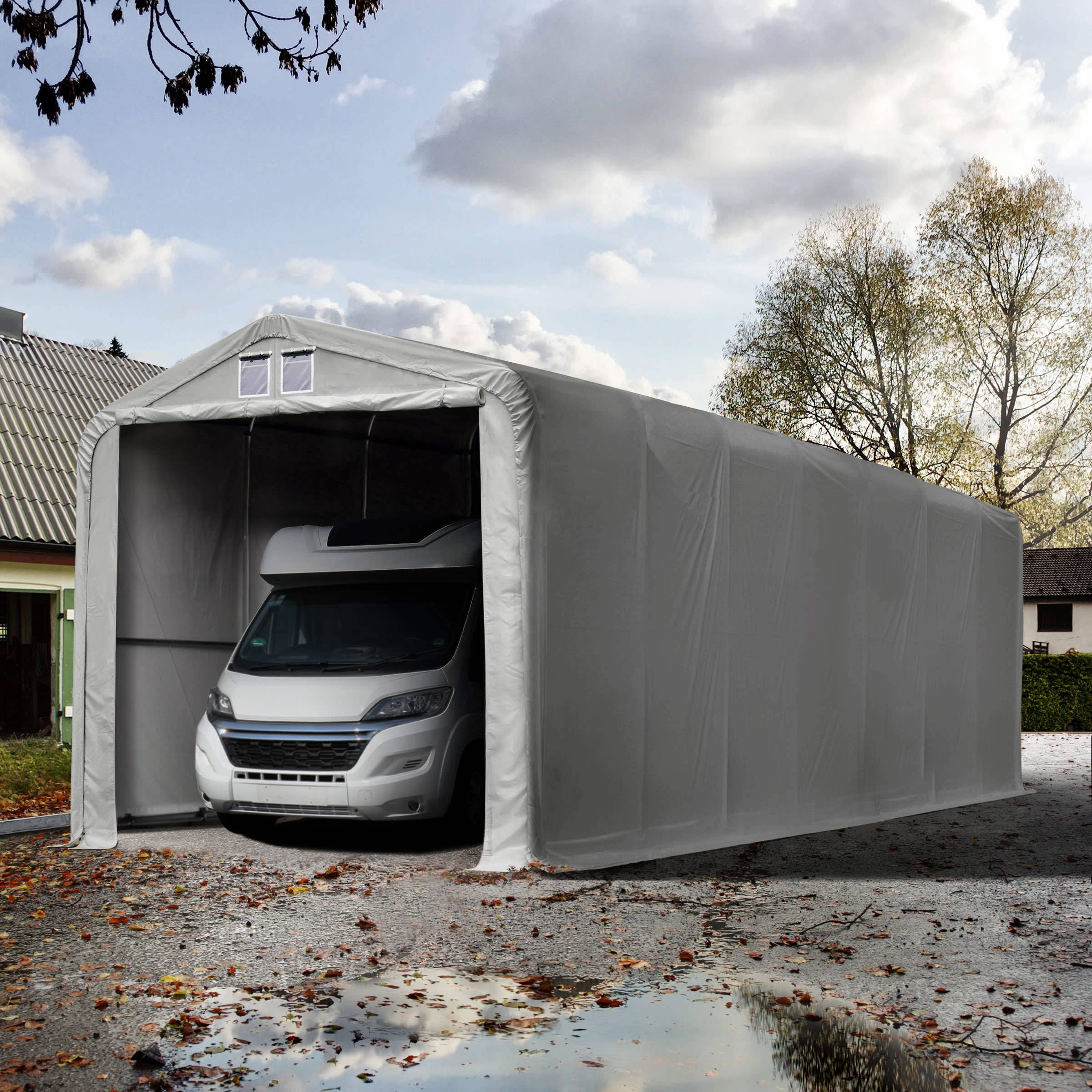 Garagetält 4x24 m - 3,35 m sidohöjd med 3,5x3,5 m port, PVC 850, grå, inkl. hållfasthet (underlag: betong) - (99405)