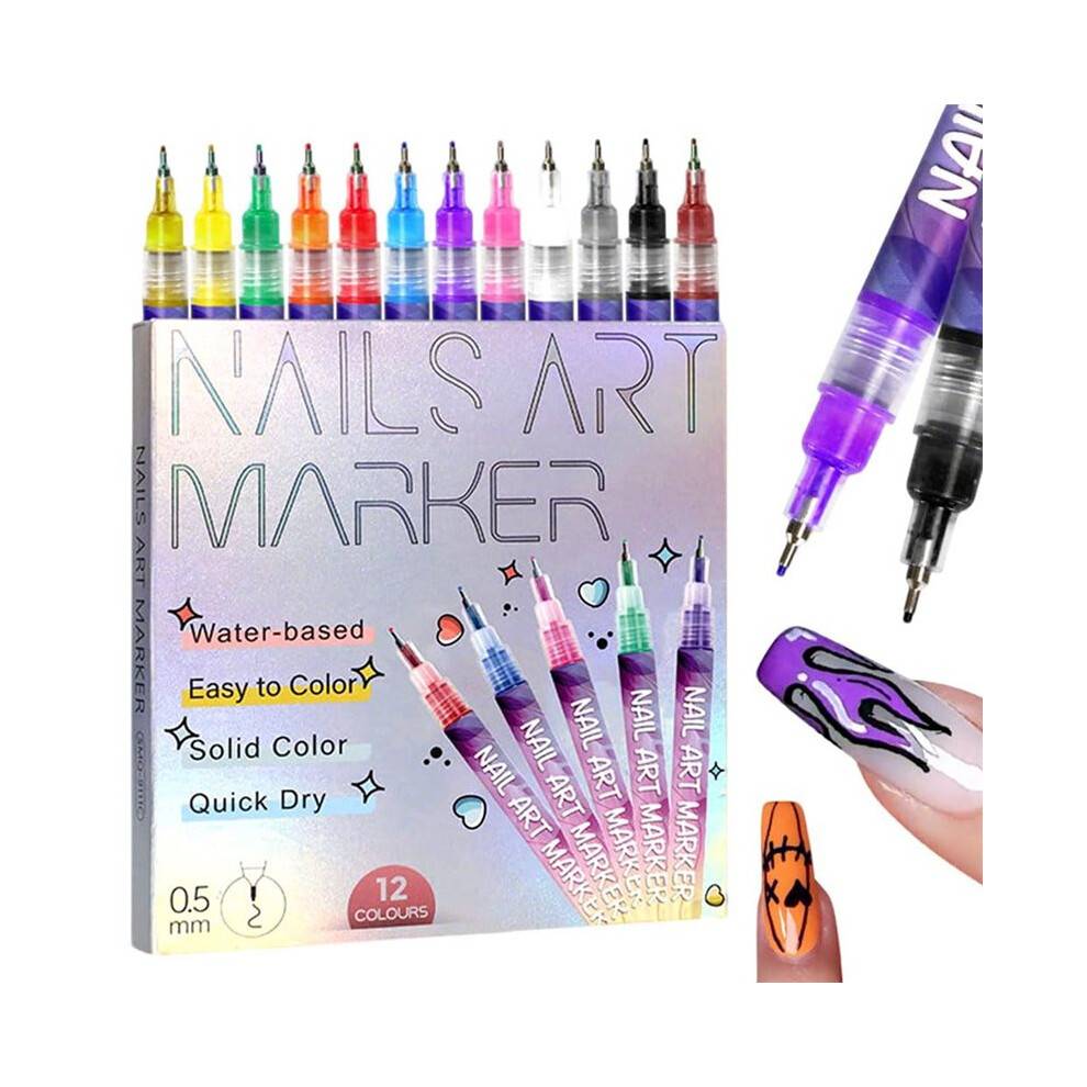 12 Colors Nail Art Pens Set, Nail Art Markers Polish Pen for 3D Nail Art, Drawing Painting Liner Brush for DIY Nail Art