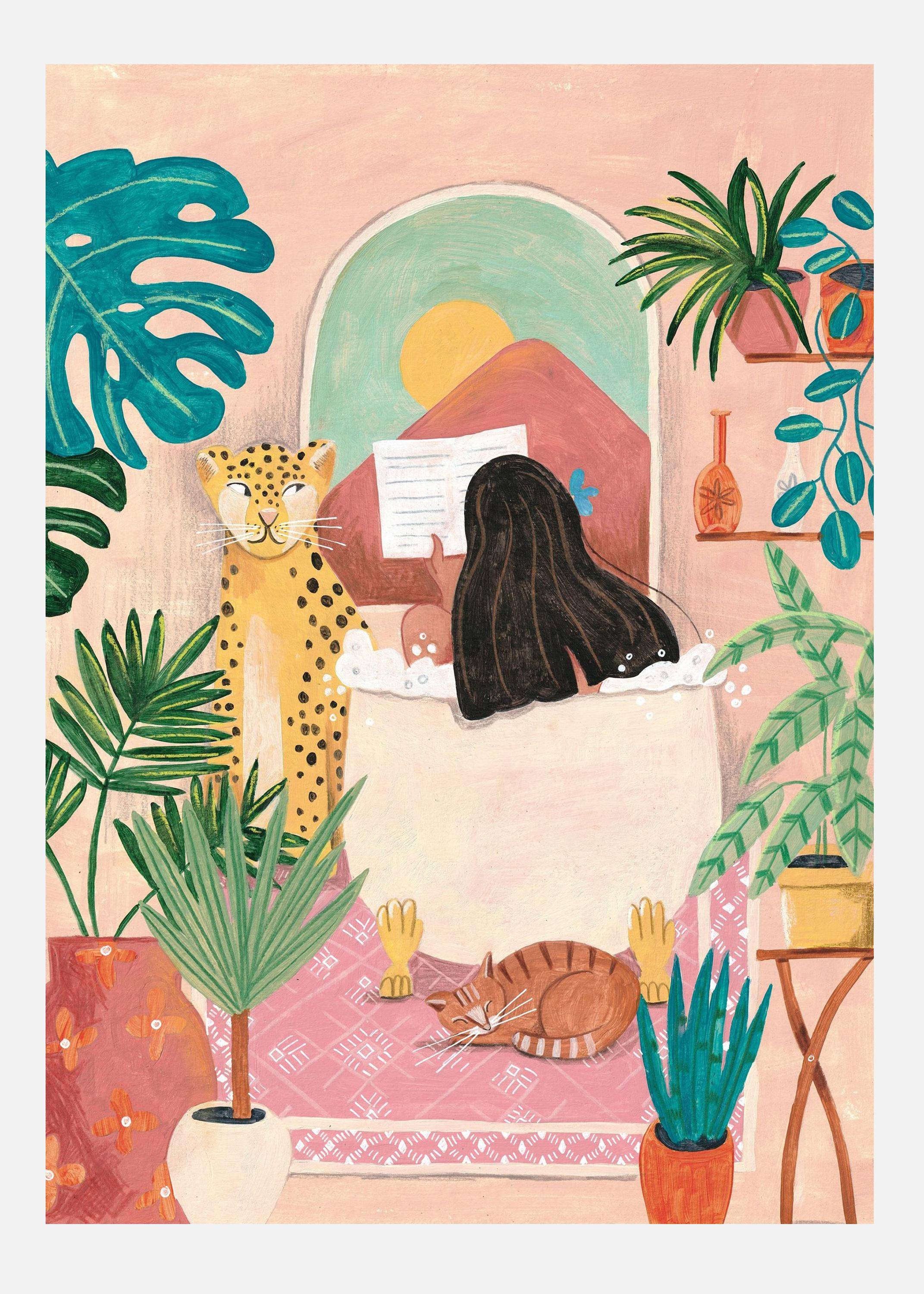 Woman Taking Bath In Pink Tropical Bathroom Canvastavla (100x140 cm)