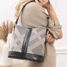 Canvas Bag With PU, Shoulder Bag, Crossbody Bag, With Zipper, Practical, Inside Pocket, Medium Size, Rigid Tote, Chic And Practical, Bucket Shape - Black and White