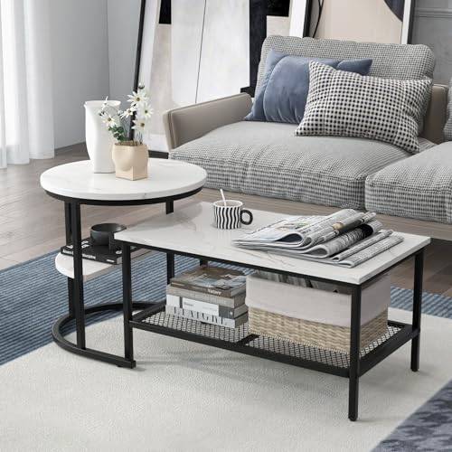 GOPLUS Uppsättning av 2 soffbord marmorutseende, avtagbart vardagsrumsbord med metallram, stapelbar sidobord, modernt bordsset för vardagsrum, lägenhet (svart)