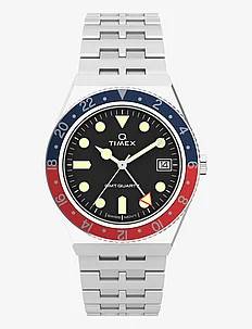 Timex Mens Q GMT 38mm SST Case Black Dial Red Accent Bracelet - Klockor - SILVER-TONE/BLACK / silver