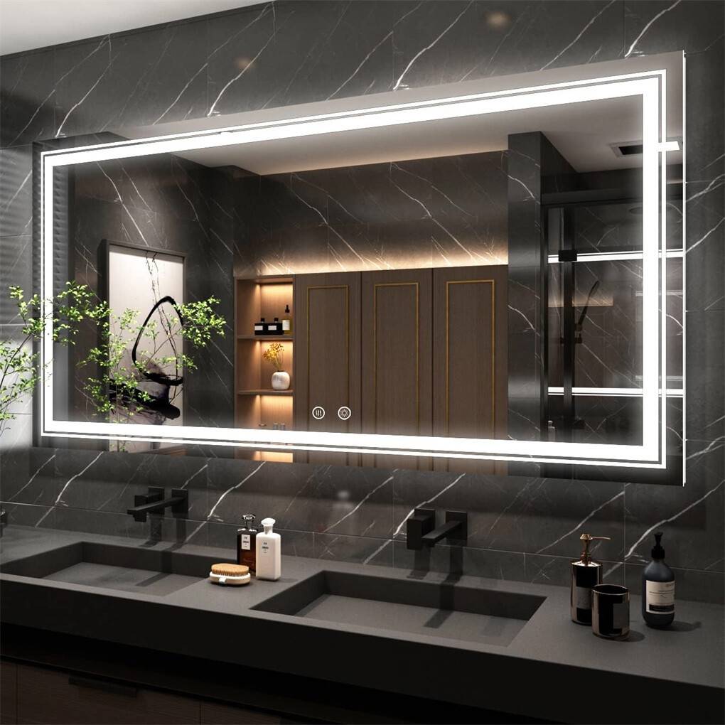 XXL LED Bathroom Mirror Rectangle Dressing Mirror Anti-Fog Vanity Mirror with 3-Color Light, Memory Function, 3-Button Switch