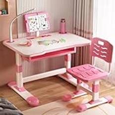 Kids Study Desk Chair Set, Height Adjustable Toddlers Writing Table with Tiltable Desktop and Large Drawer, Kids School Desk Children Learning Table, for Writing Reading,Pink,70cm