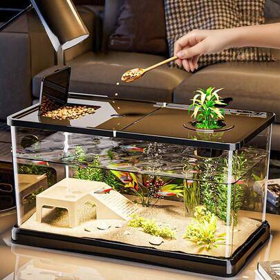 Täckt akvarium för hemmabruk, sköldpaddsmatning, litet/medelstort akvarium, transparent guldfisktank, vattenväxtdekor, skrivbordssköldpaddatank - Svart (M,S)