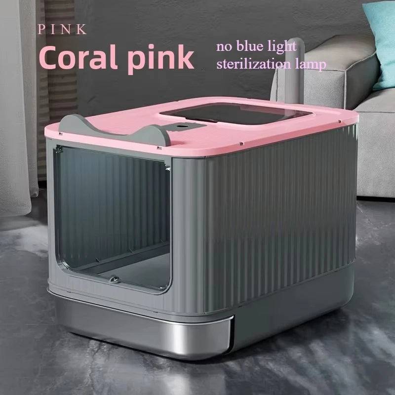 XXL Stainless Steel Enclosed Self-Cleaning Cat Litter Box — Anti-Splash Drawer in White, Yellow & Pink - pink